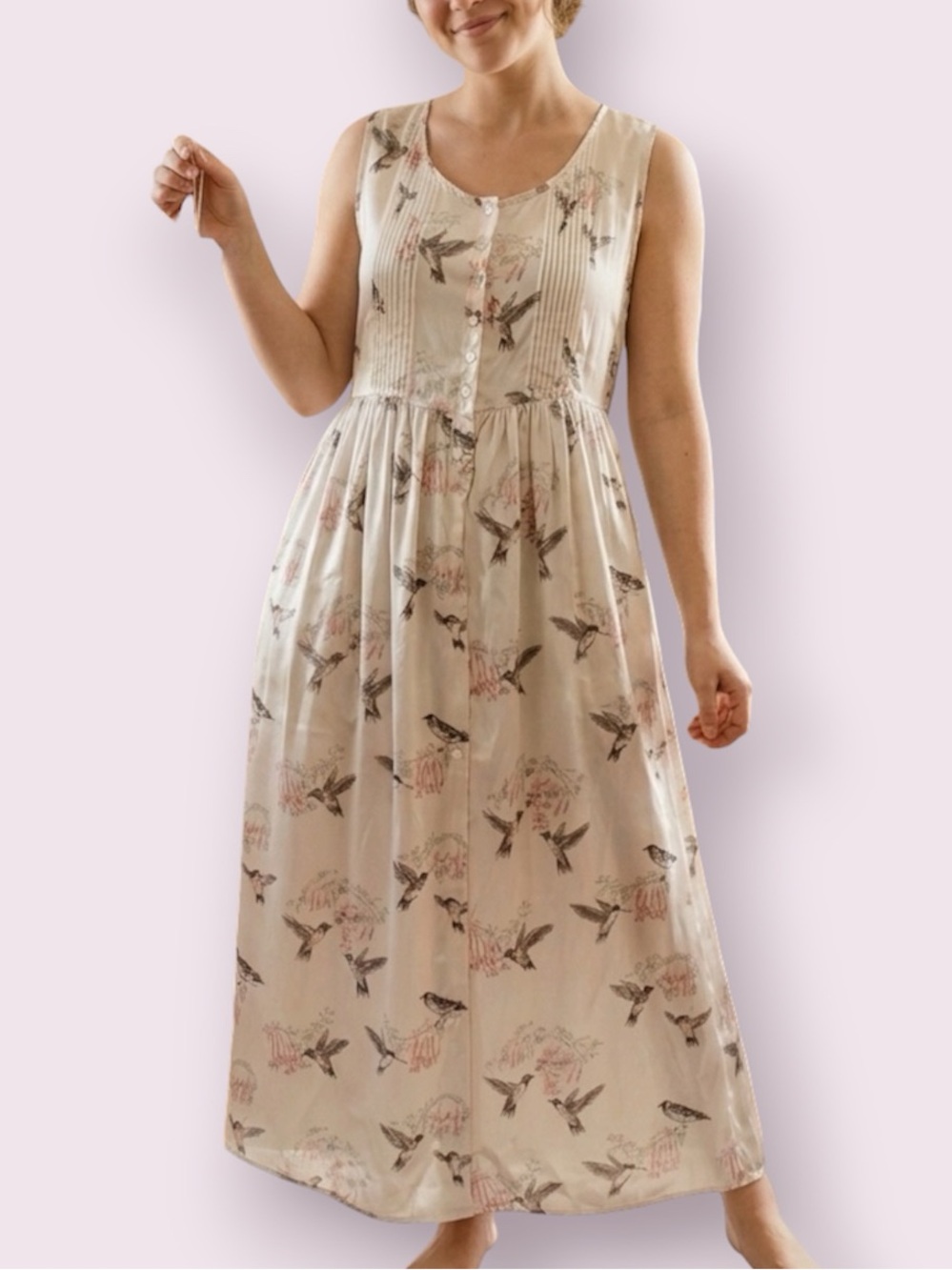 Vintage National Wildlife Federation Hummingbird & Flower Satin Lounge Dress Med